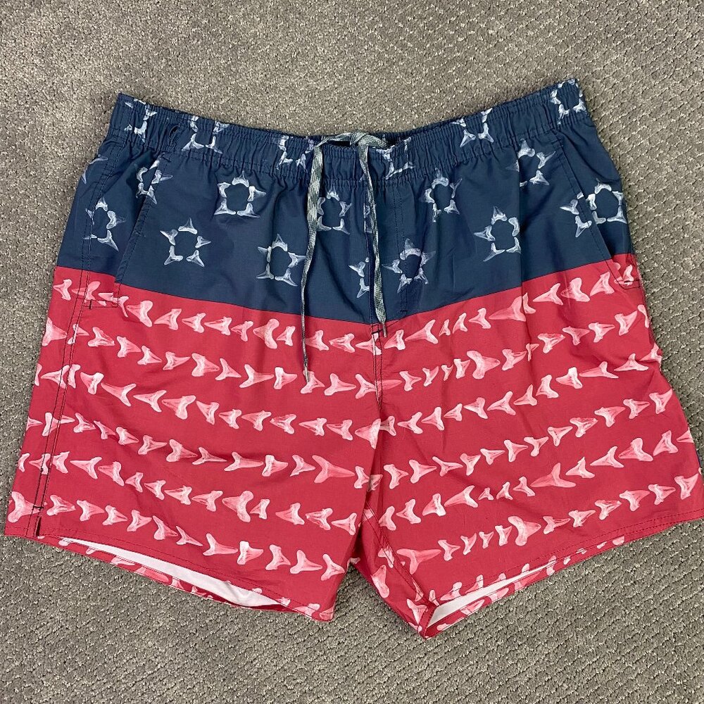 AFTCO Swim Trunks Shorts Men's XL Red Blue Megalodon Tooth All Over Print Lined